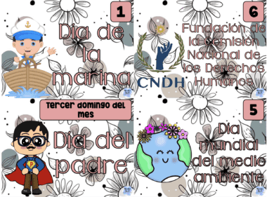 Un collage con cuatro paneles ilustrados: un marinero para el “Día de la Marina”, un papá superhéroe para el “Día del Padre”, una Tierra con flores para el “Día Mundial del Medio Ambiente” y un logo para la Fundación de la Comisión Nacional de los Derechos Humanos.